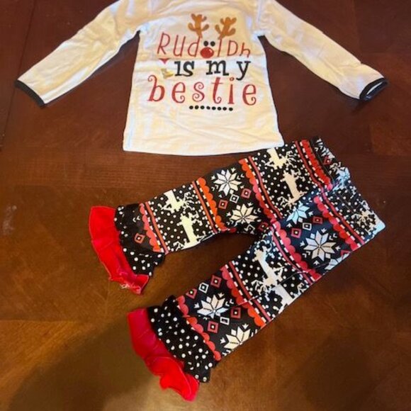 Toddler Christmas Outfit Rudolph Is My Bestie Long Sleeve Top & Ruffle Pants Set - Picture 6 of 6